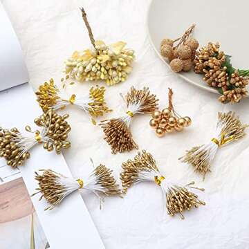 Hilsayum 8 Style Flower Stamen Pistil Artificial Gold Flower Stamen Fake Berries Stamen Pistil for D...