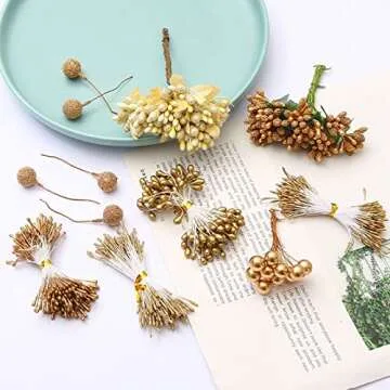 Hilsayum 8 Style Flower Stamen Pistil Artificial Gold Flower Stamen Fake Berries Stamen Pistil for DIY Scrapbook Home Decoration (Gold)