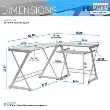 Techni Mobili L Shaped Desk with Keyboard Tray - Efficient Work from Home Desk - Glass L Shaped Desk - Professional Work Desk For Home Office - Versatile Glass Corner Desks for Home Office
