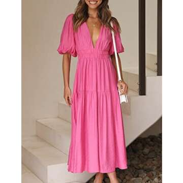 Puff Sleeve V Neck A Line Tiered Maxi Dress for Women Boho Casual Flowy High Waist Beach Vacation Midi Dresses Hot Pink