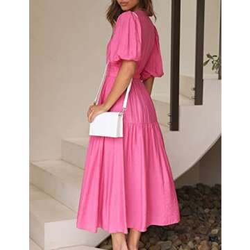 Puff Sleeve V Neck A Line Tiered Maxi Dress for Women Boho Casual Flowy High Waist Beach Vacation Midi Dresses Hot Pink