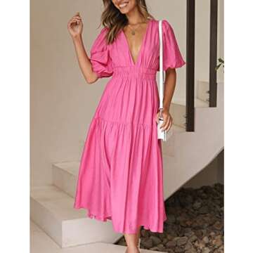 Puff Sleeve V Neck A Line Tiered Maxi Dress for Women Boho Casual Flowy High Waist Beach Vacation Midi Dresses Hot Pink
