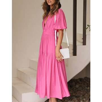 Puff Sleeve V Neck A Line Tiered Maxi Dress for Women Boho Casual Flowy High Waist Beach Vacation Midi Dresses Hot Pink