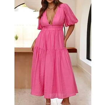 Puff Sleeve V Neck A Line Tiered Maxi Dress for Women Boho Casual Flowy High Waist Beach Vacation Midi Dresses Hot Pink