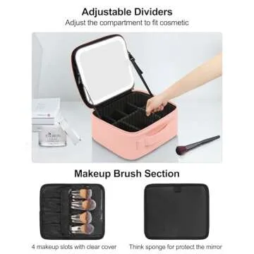 Chomeiu Makeup Bag with LED Mirror, Travel Makeup Case for Women and Makeup Artists Cosmetic Organizer Large Make Up Bags with Light Up Mirror, 3 Color Lights, Adjustable Dividers & Brush Holder, Pink