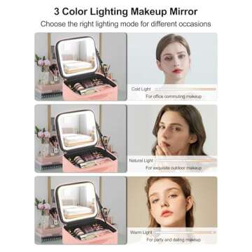 Chomeiu Makeup Bag with LED Mirror, Travel Makeup Case for Women and Makeup Artists Cosmetic Organizer Large Make Up Bags with Light Up Mirror, 3 Color Lights, Adjustable Dividers & Brush Holder, Pink