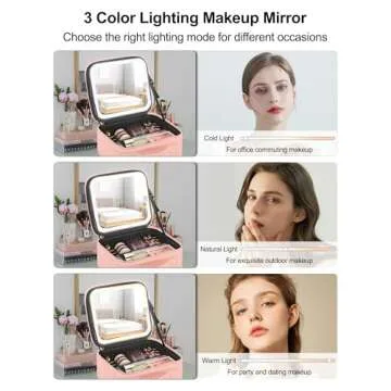 Chomeiu Makeup Bag with LED Mirror, Travel Makeup Case for Women and Makeup Artists Cosmetic Organizer Large Make Up Bags with Light Up Mirror, 3 Color Lights, Adjustable Dividers & Brush Holder, Pink