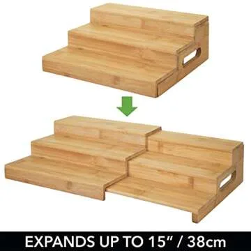 mDesign Bamboo Adjustable, Expandable Spice Rack Organizer with 3 Levels Storage for Kitchen Cabinet, Countertop, Pantry Shelf - Holds Spice Jars - Echo Collection - Natural