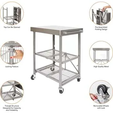 Origami Stainless Steel Rolling Kitchen Island Cart, Microwave Stand Bar Cart, Rolling Kitchen Cart with Storage, Small Kitchen Island with Storage, Coffee Cart