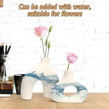 White Ceramic Vases - Round Matte Donut Design for Pampas Grass and Flowers - Ideal for Minimalist, Boho, and Home Decor (Set of 2)