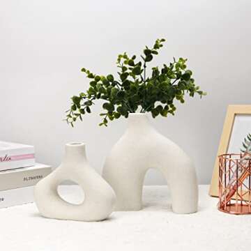 White Ceramic Vases - Round Matte Donut Design for Pampas Grass and Flowers - Ideal for Minimalist, Boho, and Home Decor (Set of 2)