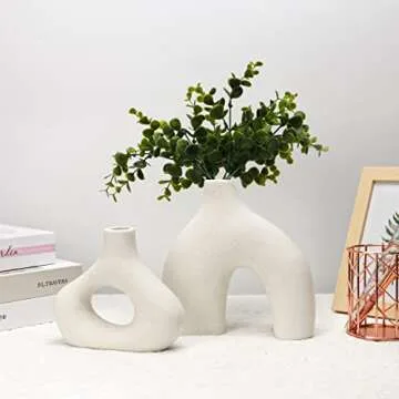 White Ceramic Vases - Round Matte Donut Design for Pampas Grass and Flowers - Ideal for Minimalist, Boho, and Home Decor (Set of 2)