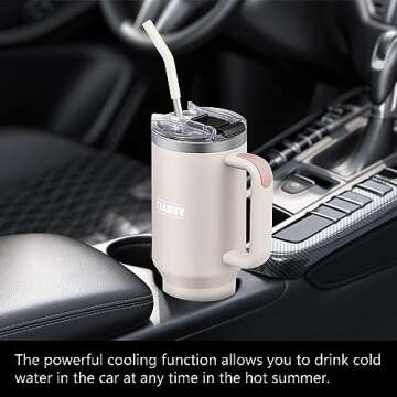 TEAMVV 40 oz Tumbler with Handle and Straw Lid,Insulated Cup Reusable 304 Stainless Steel Water Bottle Travel Mug Cupholder Friendly for Coffee,Smoothie or Water,Iced Tea(Rose Quartz)