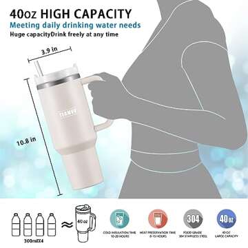 TEAMVV 40 oz Tumbler with Handle and Straw Lid,Insulated Cup Reusable 304 Stainless Steel Water Bottle Travel Mug Cupholder Friendly for Coffee,Smoothie or Water,Iced Tea(Rose Quartz)