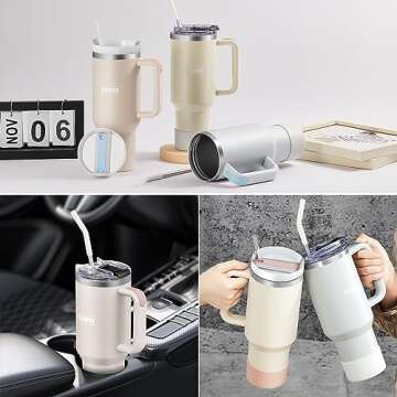 TEAMVV 40 oz Tumbler with Handle and Straw Lid,Insulated Cup Reusable 304 Stainless Steel Water Bottle Travel Mug Cupholder Friendly for Coffee,Smoothie or Water,Iced Tea(Rose Quartz)