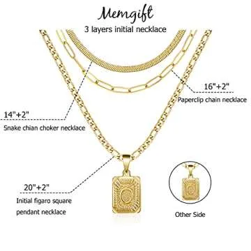 Memgift Layered Necklaces Dainty Trendy Paperclip Snake Choker Gold Filled Stainless Steel Figaro Chain Layered Necklaces Jewelry Gifts Square Pendant Letter O