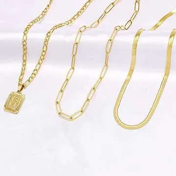 Memgift Layered Necklaces Dainty Trendy Paperclip Snake Choker Gold Filled Stainless Steel Figaro Chain Layered Necklaces Jewelry Gifts Square Pendant Letter O