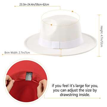 Fedora Hats for Women & Men Classic Wide Brim Fedora Hat Two Tone Hat Panama Cap Casual Hats with Belt Buckle, Adjustable Band (White/Red)