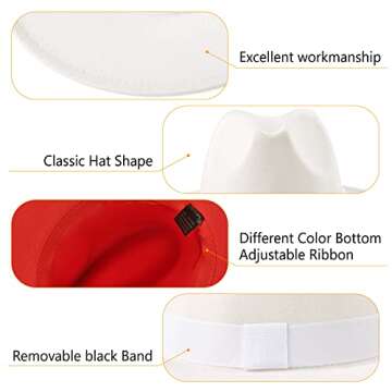 Fedora Hats for Women & Men Classic Wide Brim Fedora Hat Two Tone Hat Panama Cap Casual Hats with Belt Buckle, Adjustable Band (White/Red)