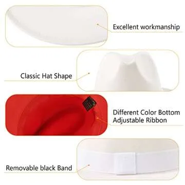 Fedora Hats for Women & Men Classic Wide Brim Fedora Hat Two Tone Hat Panama Cap Casual Hats with Belt Buckle, Adjustable Band (White/Red)