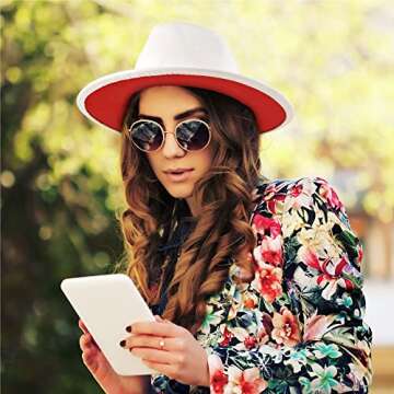 Fedora Hats for Women & Men Classic Wide Brim Fedora Hat Two Tone Hat Panama Cap Casual Hats with Belt Buckle, Adjustable Band (White/Red)