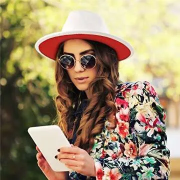 Fedora Hats for Women & Men Classic Wide Brim Fedora Hat Two Tone Hat Panama Cap Casual Hats with Belt Buckle, Adjustable Band (White/Red)