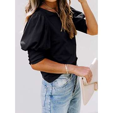 Womens Shirts Puffy Sleeves Solid Colors Puffy Tops Dressy Casual Summer Blouses (Black,XXL)