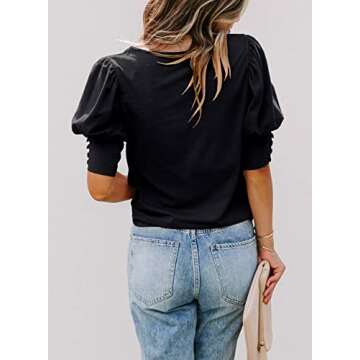 Womens Shirts Puffy Sleeves Solid Colors Puffy Tops Dressy Casual Summer Blouses (Black,XXL)