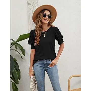 Womens Shirts Puffy Sleeves Solid Colors Puffy Tops Dressy Casual Summer Blouses (Black,XXL)