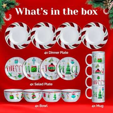 American Atelier 16-Piece Christmas-Themed Stoneware Dinnerware Set - Green/Red