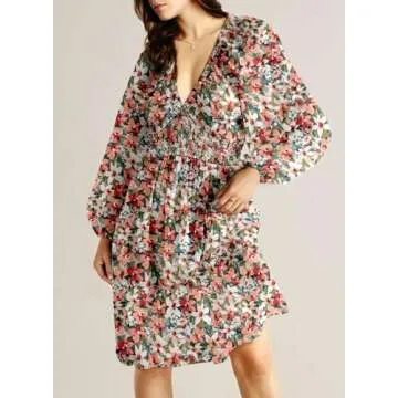 Dokotoo Spring Dresses Beach Vacation Clothes for Women 2025 Casual Boho Floral Deep V Neck Long Sleeve Smocked Waist A-Line Swing Easter Dress Cruise Outfits Flowy Sundresses Multicolored Large