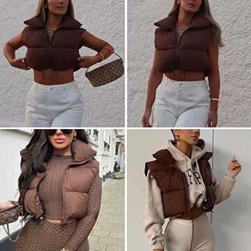 KEOMUD Women's Winter Crop Vest Lightweight Sleeveless Warm Outerwear Puffer Vest Padded Gilet Brown Large