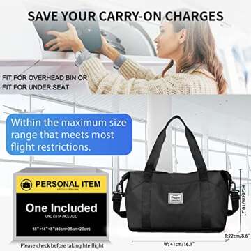 Travel Duffel Bag, Carry on Shoulder Weekender Overnight Bag for Women with Trolley Sleeve,Sports Tote Gym Bag, Black