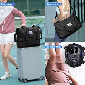 Travel Duffel Bag, Carry on Shoulder Weekender Overnight Bag for Women with Trolley Sleeve,Sports Tote Gym Bag, Black