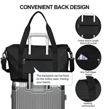 Travel Duffel Bag, Carry on Shoulder Weekender Overnight Bag for Women with Trolley Sleeve,Sports Tote Gym Bag, Black