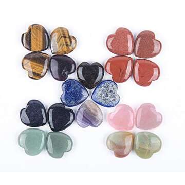 JIC Gem 20 pcs Mixed Crystal Heart Stones Heart Shape Chakra Stones 30mm Reiki Balancing Hand Carved Polished Palm Worry Stone Gift Jewelry Making and Collection