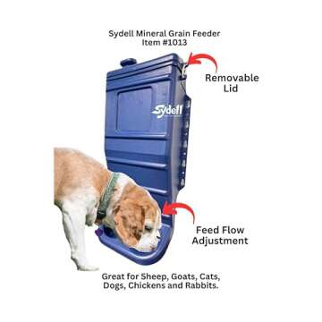 Sydell Sheep and Goat Grain Mineral Feeder, Large Outdoor Forage Grain Feeding System, Supports Up to 10 Small Livestock, Weather Resistant Heavy-Duty Plastic, Fence Mounted