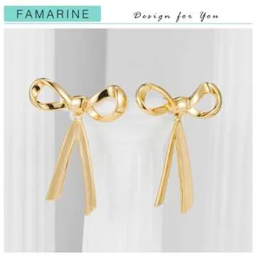 FAMARINE Gold Bow Earrings for Women Big Bow Dangle Drop Earrings Classic Earrings Gift