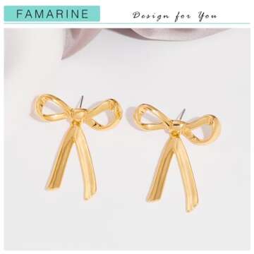 FAMARINE Gold Bow Earrings for Women Big Bow Dangle Drop Earrings Classic Earrings Gift
