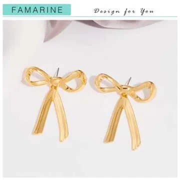 FAMARINE Gold Bow Earrings for Women Big Bow Dangle Drop Earrings Classic Earrings Gift