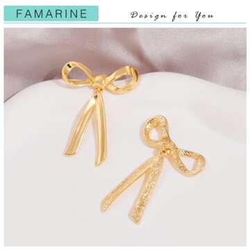 FAMARINE Gold Bow Earrings for Women Big Bow Dangle Drop Earrings Classic Earrings Gift