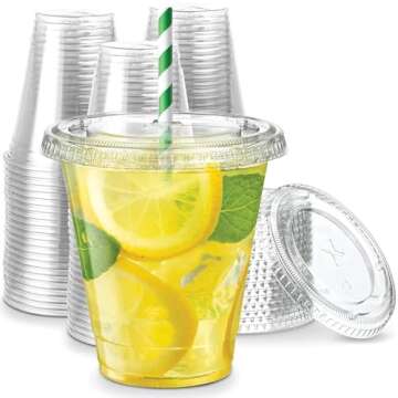 12 oz Clear Plastic Cups with Straw-Slot Lids [100 Sets] PET Crystal Clear Disposable 12oz Plastic Cups with Lids - Crystal Clear, Durable Cup. BPA Free + Crack Resistant, for Coffee, Juice, Shakes