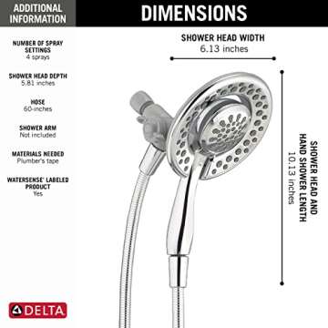 Delta Faucet 4-Spray In2ition 2-in-1 Dual Shower Head with Handheld, Touch-Clean Chrome Shower Head with Hose, Detachable Shower Head, Hand Held Shower Head, Chrome 75486C