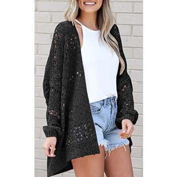 Ermonn Womens Crochet Cardigan Sweater Kimonos Boho Solid Color Oversized Fall Open Front Outwear