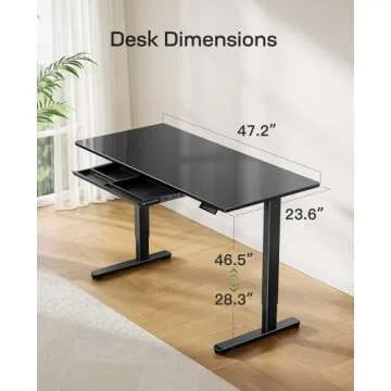 Marsail Glass Electric Standing Desk with Drawer, 48 x 24 Inches Height-Adjustable Desk, One-Piece Tempered Glass Top, Ergonomic Home Office Sit Stand Desk with 4 Preset Heights, Black