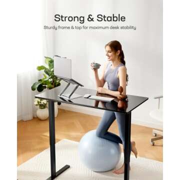 Marsail Glass Electric Standing Desk with Drawer, 48 x 24 Inches Height-Adjustable Desk, One-Piece Tempered Glass Top, Ergonomic Home Office Sit Stand Desk with 4 Preset Heights, Black