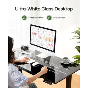 Marsail Glass Electric Standing Desk with Drawer, 48 x 24 Inches Height-Adjustable Desk, One-Piece Tempered Glass Top, Ergonomic Home Office Sit Stand Desk with 4 Preset Heights, Black
