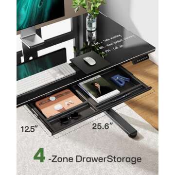 Marsail Glass Electric Standing Desk with Drawer, 48 x 24 Inches Height-Adjustable Desk, One-Piece Tempered Glass Top, Ergonomic Home Office Sit Stand Desk with 4 Preset Heights, Black