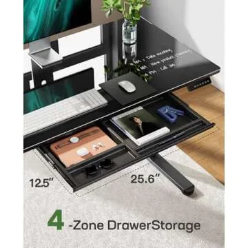 Marsail Glass Electric Standing Desk with Drawer, 48 x 24 Inches Height-Adjustable Desk, One-Piece Tempered Glass Top, Ergonomic Home Office Sit Stand Desk with 4 Preset Heights, Black