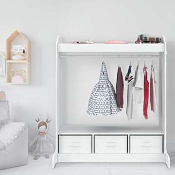 mecor Kids Dress Up Storage with Mirror, Clothes Hook, Shelf and Rod - Kids Armoire with Fabric Storage Bins (White)